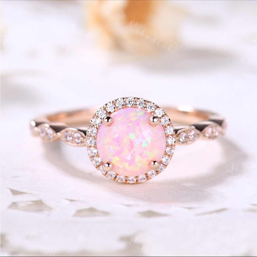 Pink Opal Halo Ring Silver Size 4.5